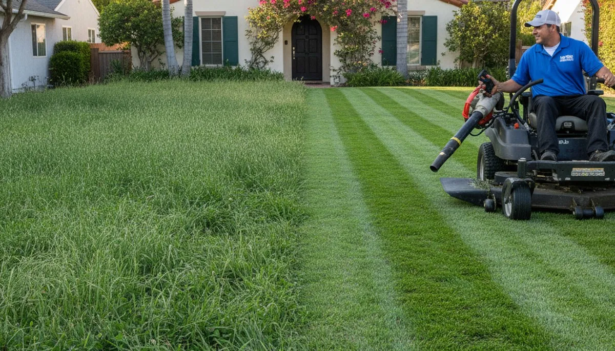Before and after lawn mowing showing trimmed green grass transformation in Long Beach, CA yard
