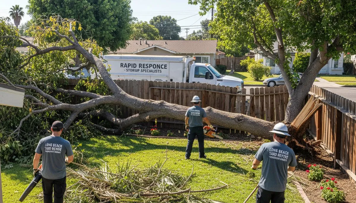 Storm damage yard cleanup by Chop Chop Landscaping technicians in Long Beach, CA restoring property safety